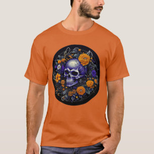 Camiseta Arte de IA de crânio e flores laranja personalizad