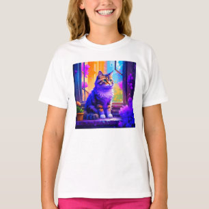 Camiseta Arte de IA de Gato Fofo Sentado na Janela