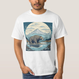 Camiseta Arte de IA de Urso, Montanhas, Lago, Lua Cheia