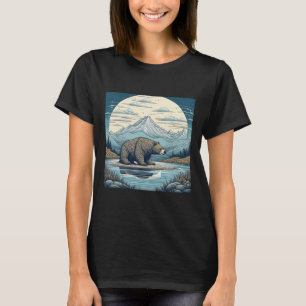 Camiseta Arte de IA Urso, Montanhas, Lago, Lua Cheia