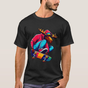 Camiseta Arte de Ilustração de Alce Descolado Patinando 1