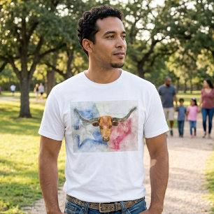 Camiseta Arte de Impressão em Aquarela de Vaca Texas Longho