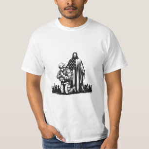 Camiseta Arte de Jesus Cristo com soldado militar rezando
