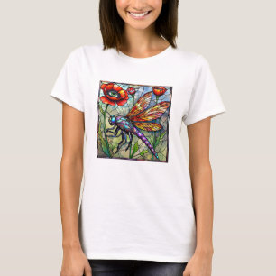 Camiseta Arte de Libélula com Flor de Papoula Vermelha em V
