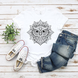 Camiseta Arte de Linha Cabeça de Coruja Mandala