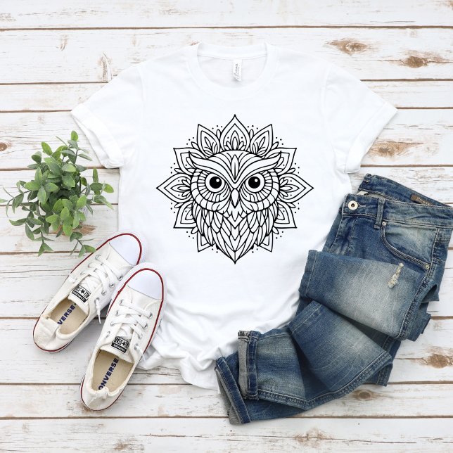 Camiseta Arte de Linha Cabeça de Coruja Mandala (Criador carregado)