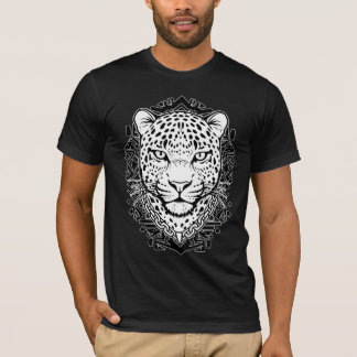Camiseta Arte de Linha Cabeça de Leopardo Exótico Preto e B