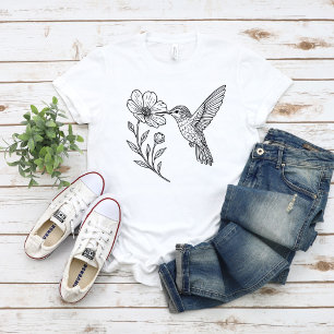 Camiseta Arte de Linha de Beija-flor Detalhado com Flor Sil
