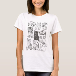 Camiseta Arte de linha de gatinho vintage com cogumelos da