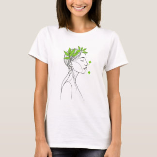 Camiseta Arte de Linha Minimalista de Mulher com Folhas Ver