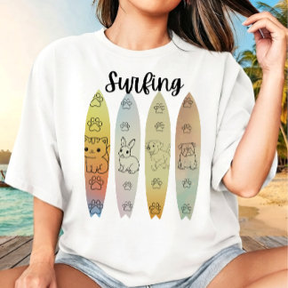 Camiseta Arte de Linha Pet Surfando Prancha de Surf