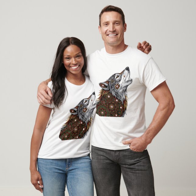 Camiseta Arte de Lobo com Trabalho de Espelho Mandala (Unissex)
