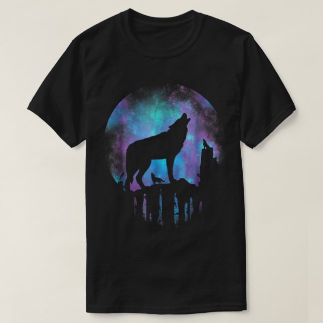 Camiseta Arte de Lobo Uivando para a Lua da Galáxia (Frente do Design)