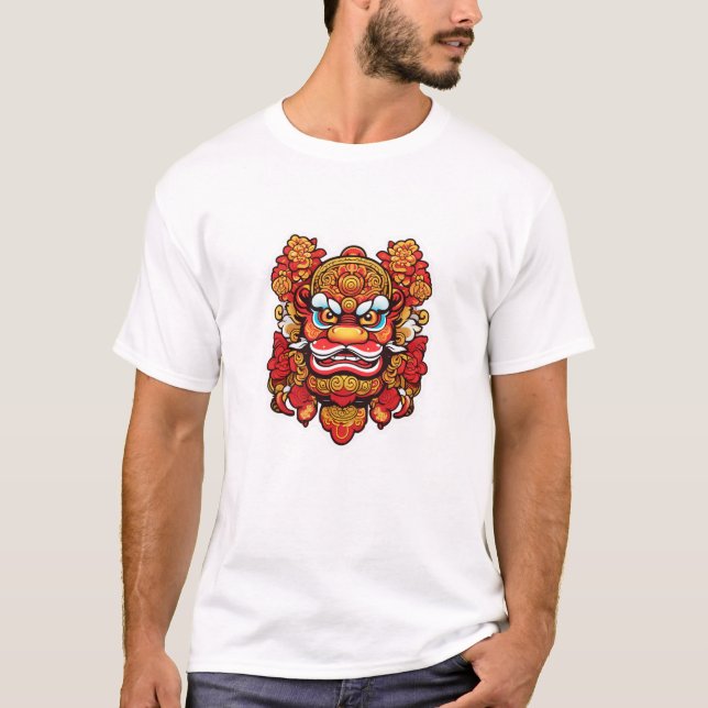 Camiseta Arte de Máscara de Leão Chinês Negrito - Ano Novo  (Frente)
