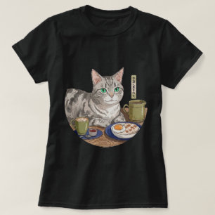 Camiseta Arte de Mesa de Café da Manhã Japonês de Gato Acon