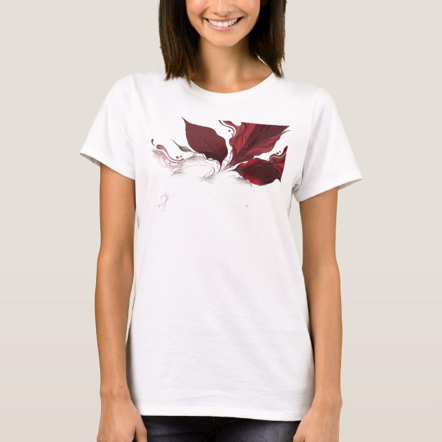 Camiseta Arte de Moda de Folhas Abstratas Vermelhas Ousadas (Frente)