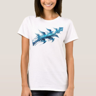 Camiseta Arte de Moda de Pássaros Abstratos Azul Clássico