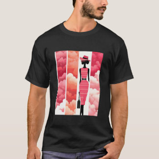 Camiseta Arte de Moda Rosa com Silhueta e Nuvens Retrô