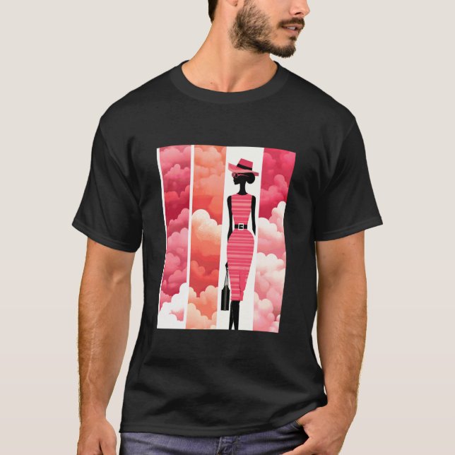 Camiseta Arte de Moda Rosa com Silhueta e Nuvens Retrô (Frente)