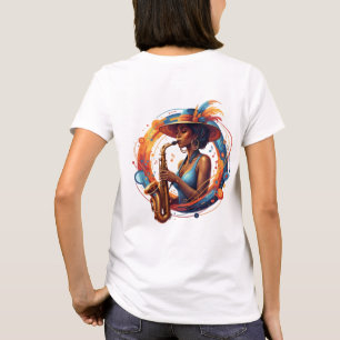 Camiseta Arte de Mulher de Jazz Abstrata Elegante Saxofone