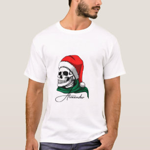 Camiseta Arte de Natal Crânio - Santa Hat & Green Scarf  