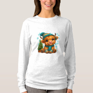 Camiseta Arte de Natal de Vaca das Terras Altas de Inverno