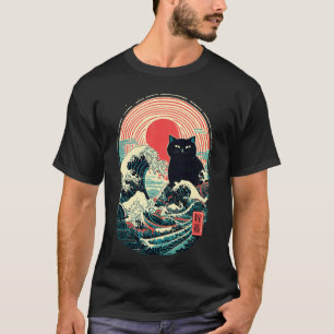 Camiseta Arte de Onda Japonesa Gato Preto Sol Retro Vintage