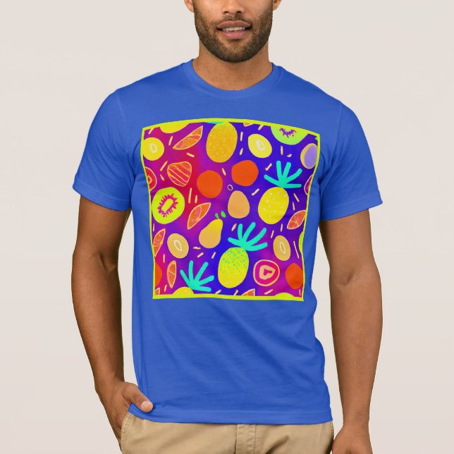 Camiseta Arte de Padrão de Fruta Dinâmica Neon (Frente)