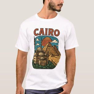 Camiseta Arte de Paisagem de Viagem Antiga Pirâmide Cairo E