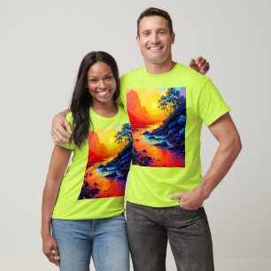 Camiseta Arte de Paisagem do Rio do Pôr do Sol Vibrante