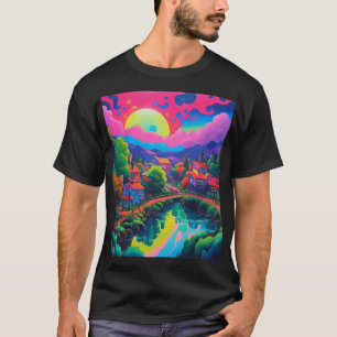 Camiseta Arte de Paisagem Japonesa Psicodélica