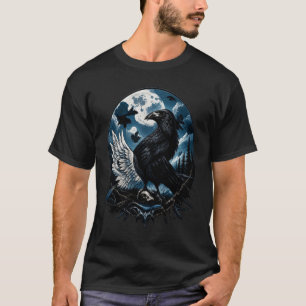 Camiseta Arte de paisagem noturna de corvo sob a lua