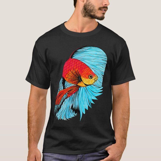 Camiseta Arte de Peixe Betta - Laranja e Azul (Frente)