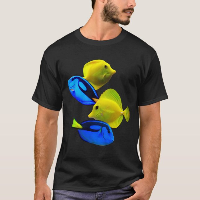 Camiseta Arte De Peixe De Recife Amarelo Tang Blue Tang Sal (Frente)