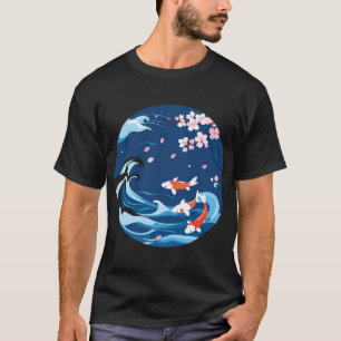 Camiseta Arte de Peixe Koi Japonês e Flor de Cerejeira