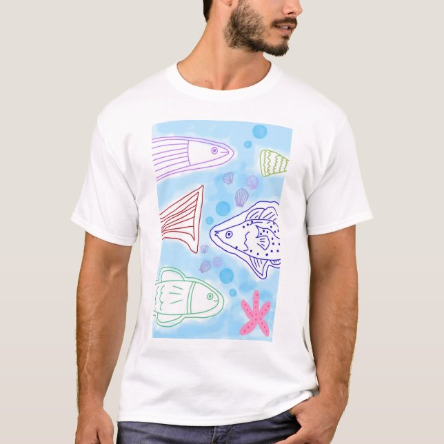 Camiseta Arte de peixes à beira-mar (Frente)