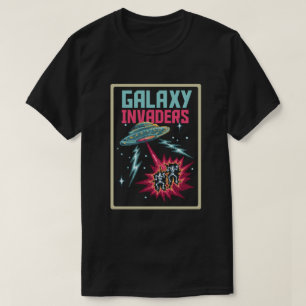 Camiseta Arte de Pixel Retro Neon Rosa e Verde Galáxia Inva