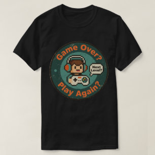 Camiseta Arte de Pixel Retro Tela de Game Over Jogar Novame