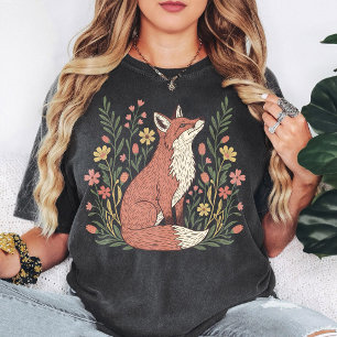 Camiseta Arte de Raposa Floral Sentada