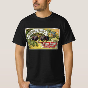 Camiseta Arte de rótulo de caixa de frutas vintage, ameixas