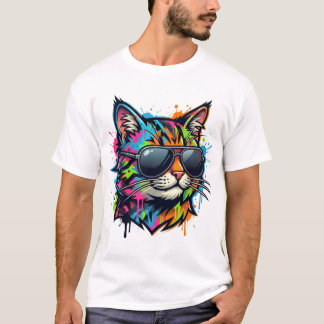 Camiseta Arte de Rua Neon Vibrante de Gato usando Óculos de