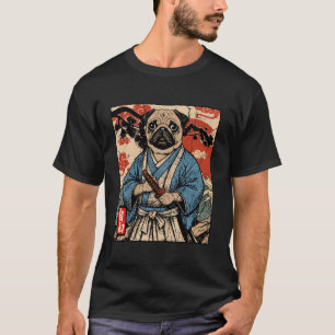 Camiseta Arte de Samurai Pug Cão Guerreiro Japonês Kawaii A