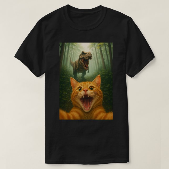 Camiseta Arte de Selfie de Gato Hilário com T-Rex – Arte de (Frente do Design)