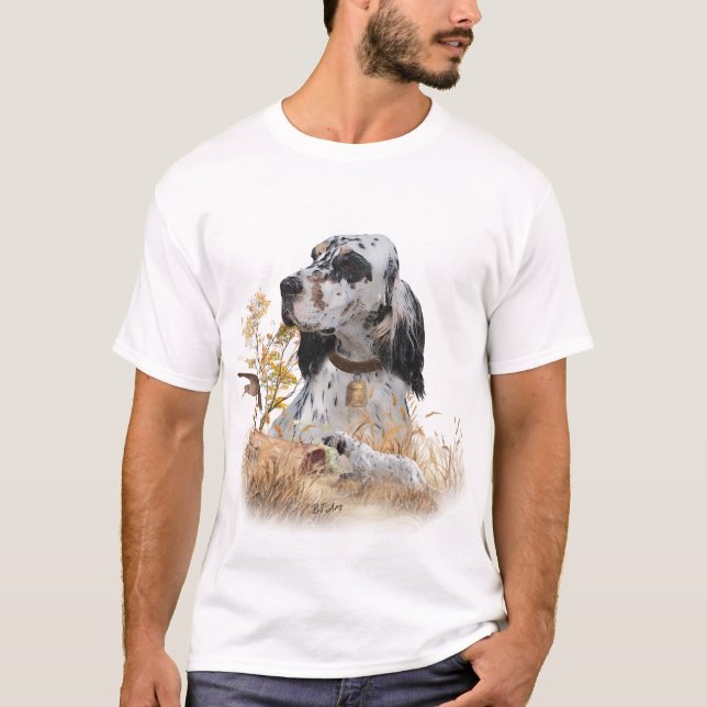 Camiseta Arte de Setter em Três Cores Inglês, Caça a Pau (Frente)