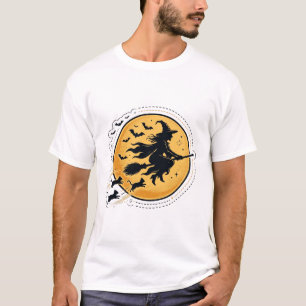 Camiseta Arte de Silhueta de Bruxa Voando Sobre a Lua Cheia