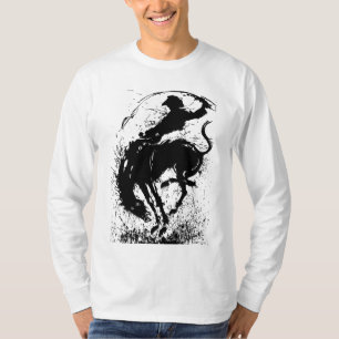Camiseta Arte de Silhueta Dinâmica de Rodeio de Cowboy
