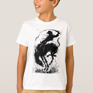 Camiseta Arte de Silhueta Dinâmica de Rodeio de Cowboy