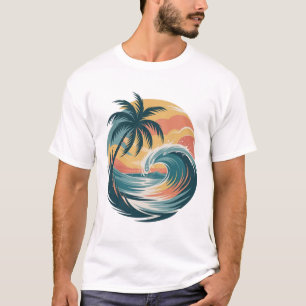 Camiseta Arte de Surf Tropical Retrô Vintage Onda e Palmeir