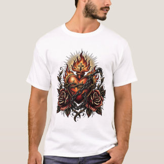 Camiseta Arte de Tatuagem de Coração Religioso Sombrio com