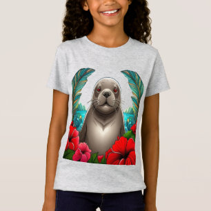 Camiseta Arte de Tatuagem de Foca-Monge Havaiana em Desenho